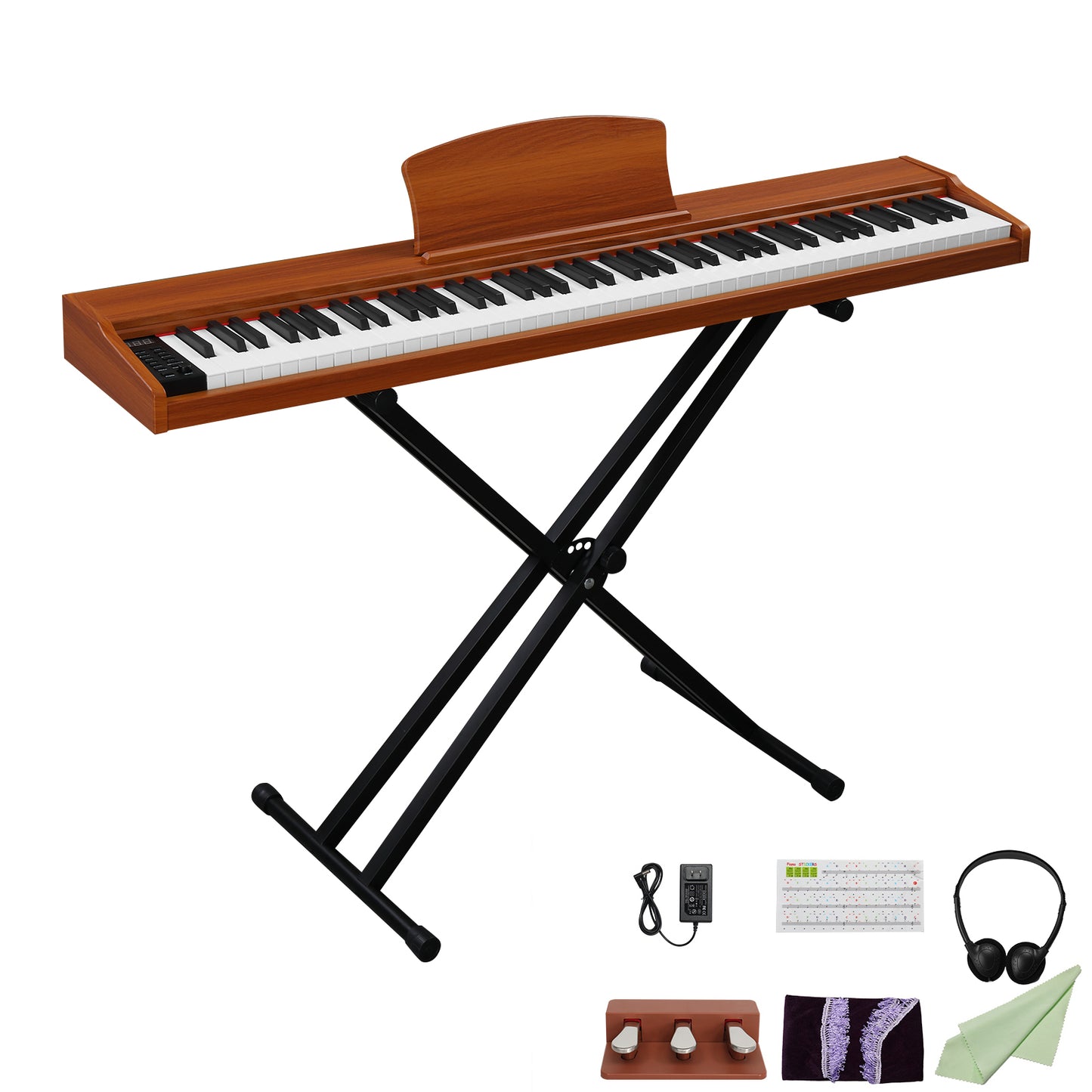 【Do Not Sell on Amazon】GPP-107 88 Key Full Size Semi-Weighted Standard Keyboards Wooden Digital Piano with Stand,MIDI Bluetooth,Triple Pedals,Headphone and other accessories, Walnut color