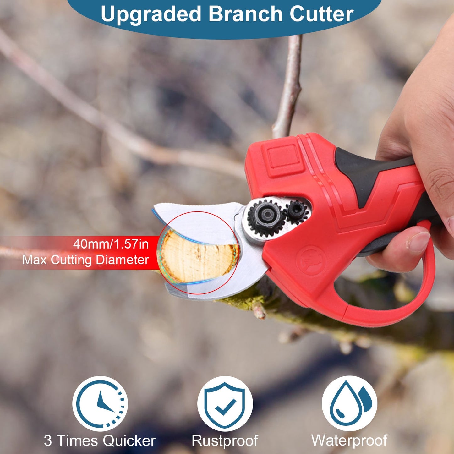 21V Electric Pruning Shears Cordless Tree Pruner Branch Cutter Gardening Scissors With 2 Pack Rechargeable Battery & Replacement Blade Set Red