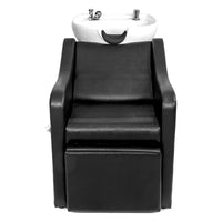 PVC leather ceramic white basin stainless steel base semi reclining double leg adjustable hair washing chair wood grain color