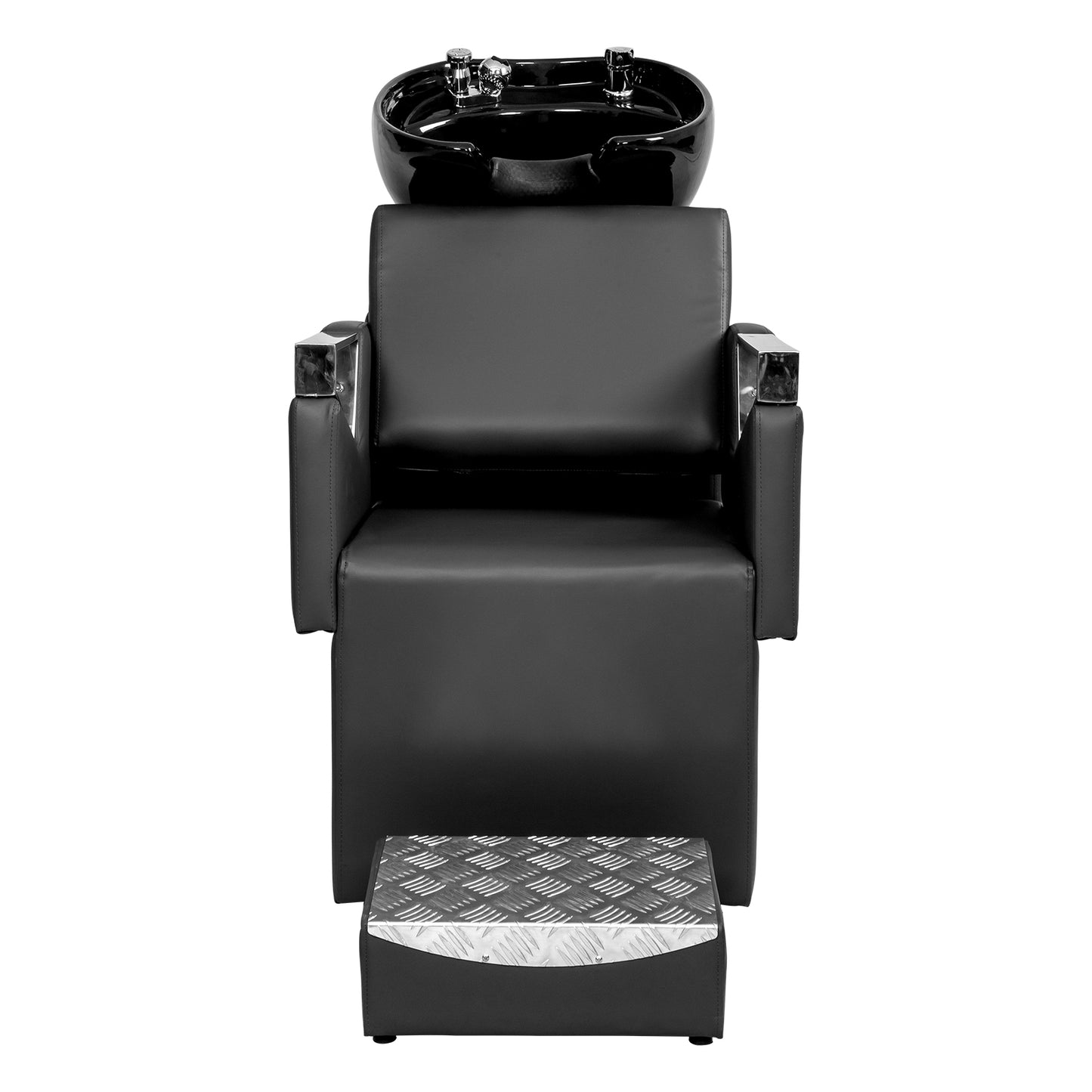 PVC leather plywood rear seat ceramic black basin stainless steel armrest with stainless steel footstool hair washing chair black gray