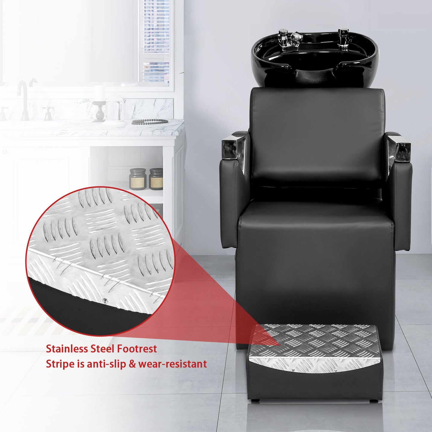 PVC leather plywood rear seat ceramic black basin stainless steel armrest with stainless steel footstool hair washing chair black gray