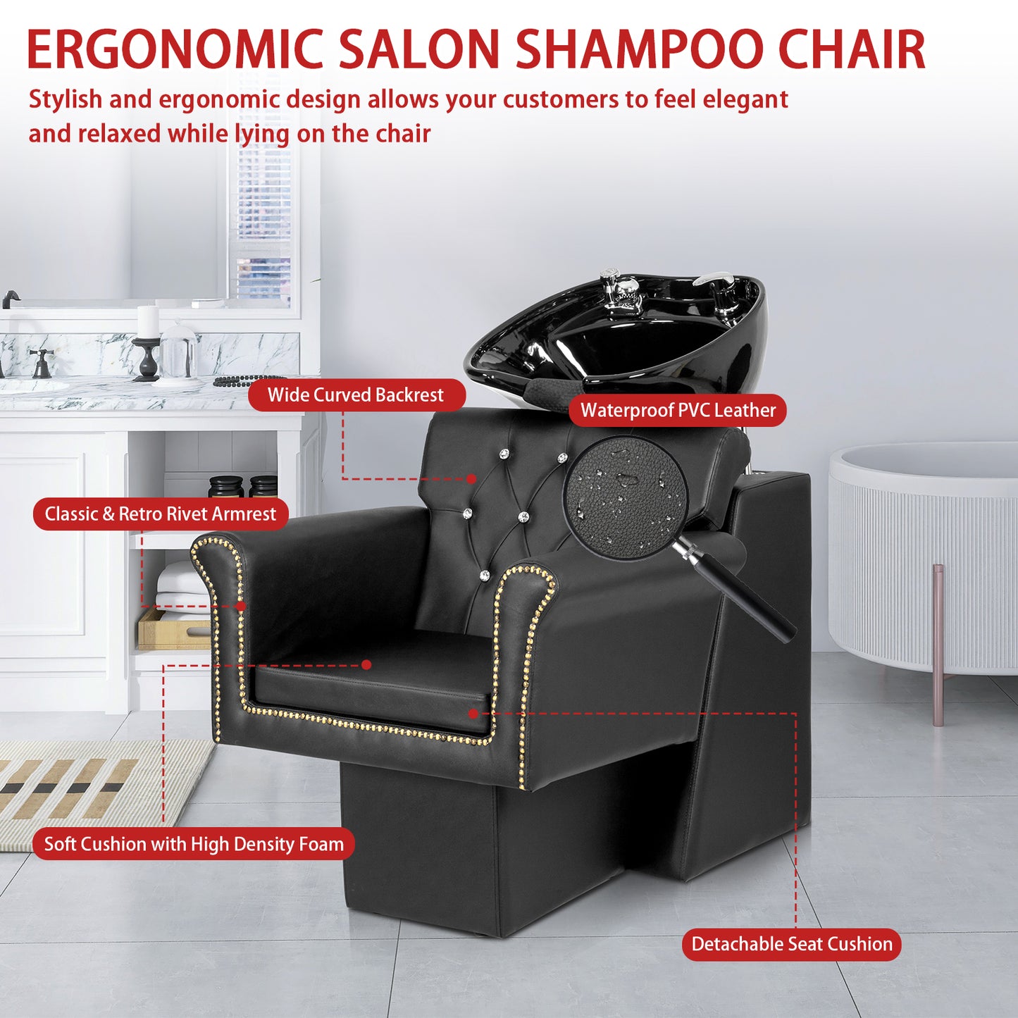 PVC leather plywood rear seat ceramic black basin acrylic backrest rivet style armrest hair washing chair black