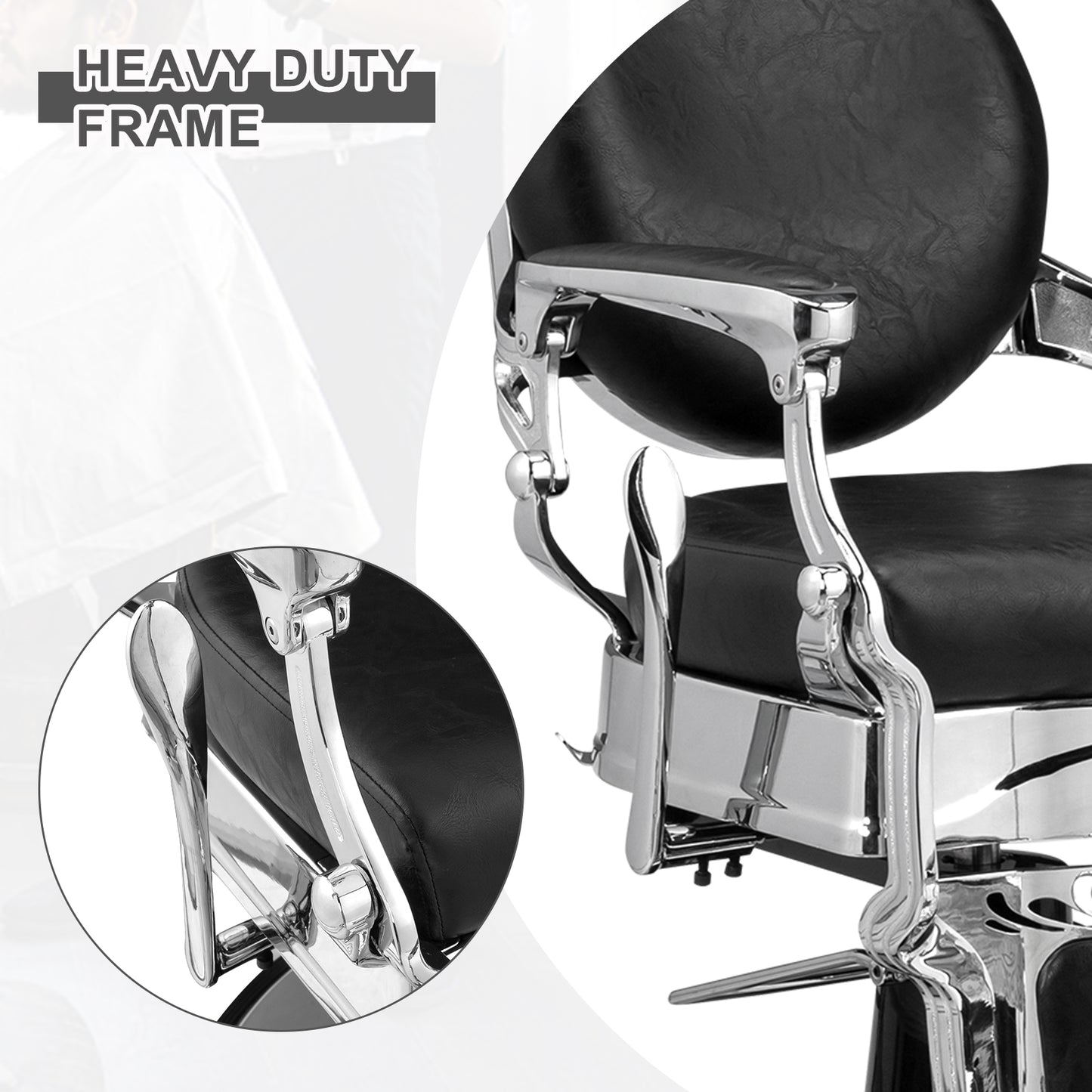 PVC leather, silver plated aluminum alloy frame, extra large pump disc with towel rack, square seat cushion without buttons, reclining hair salon chair 150kg silver