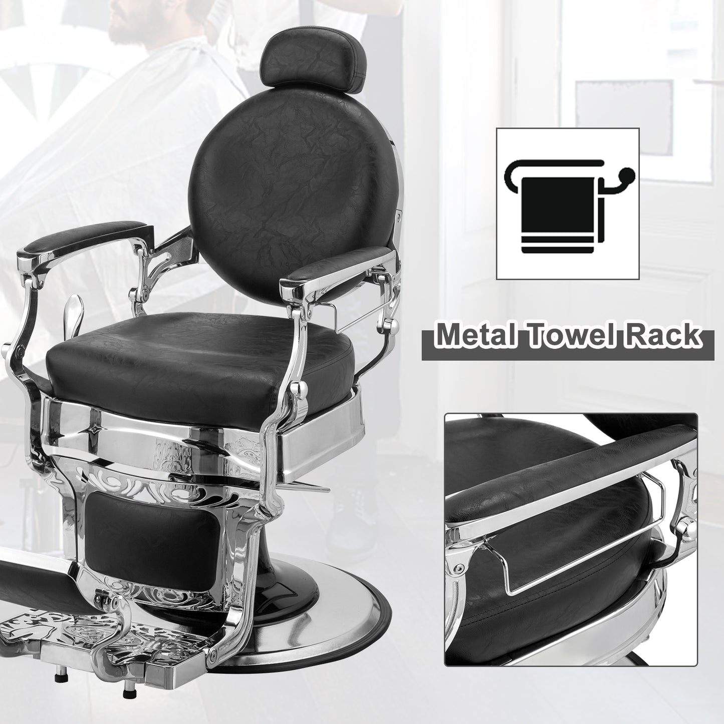 PVC leather, silver plated aluminum alloy frame, extra large pump disc with towel rack, square seat cushion without buttons, reclining hair salon chair 150kg silver