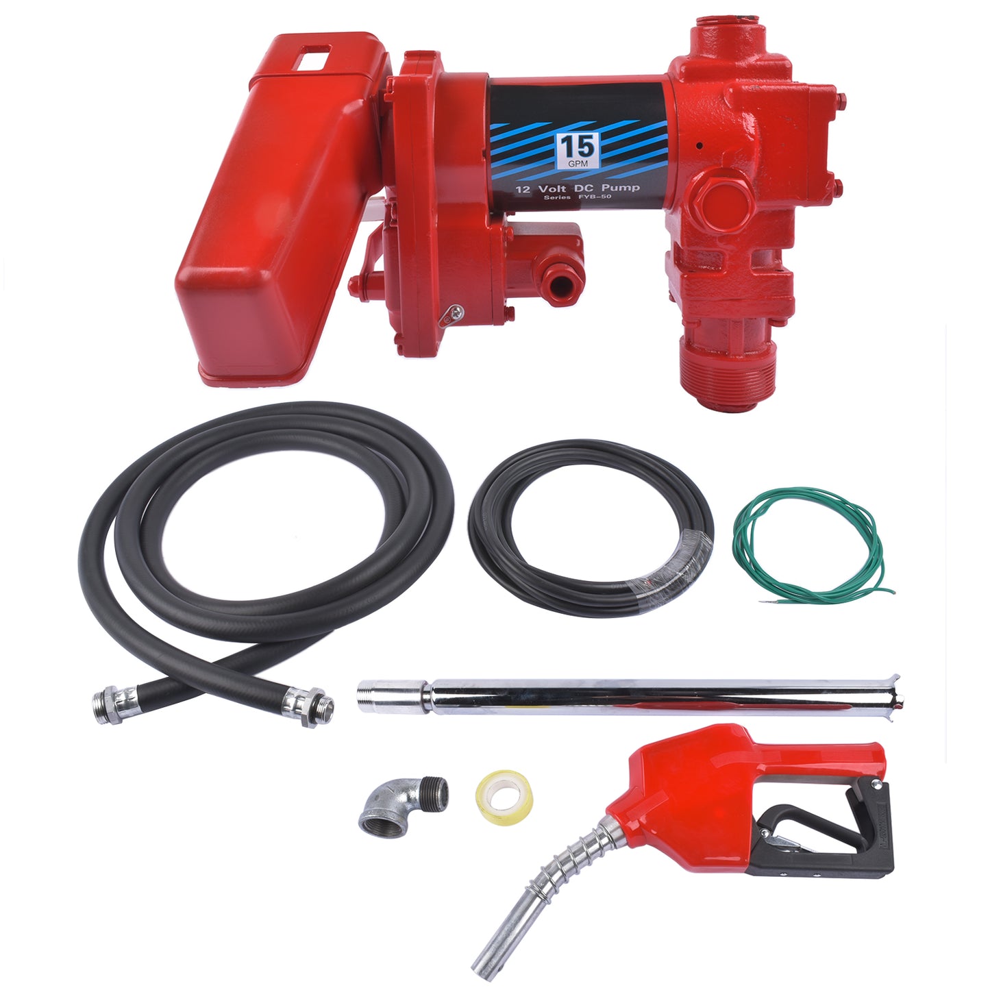 Red Nozzle Large Bore 12V 15 GPM 13A Fuel Transfer Pump with Discharge Hose