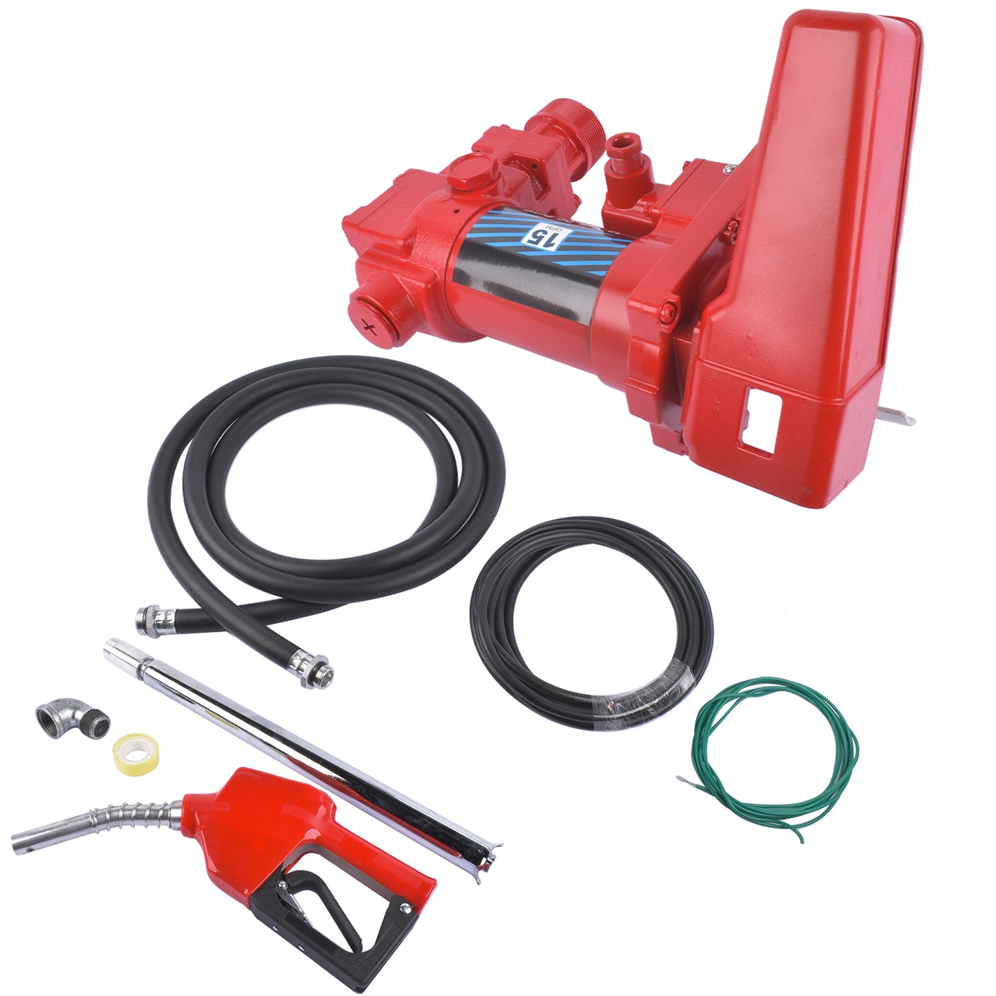 Red Nozzle Large Bore 12V 15 GPM 13A Fuel Transfer Pump with Discharge Hose