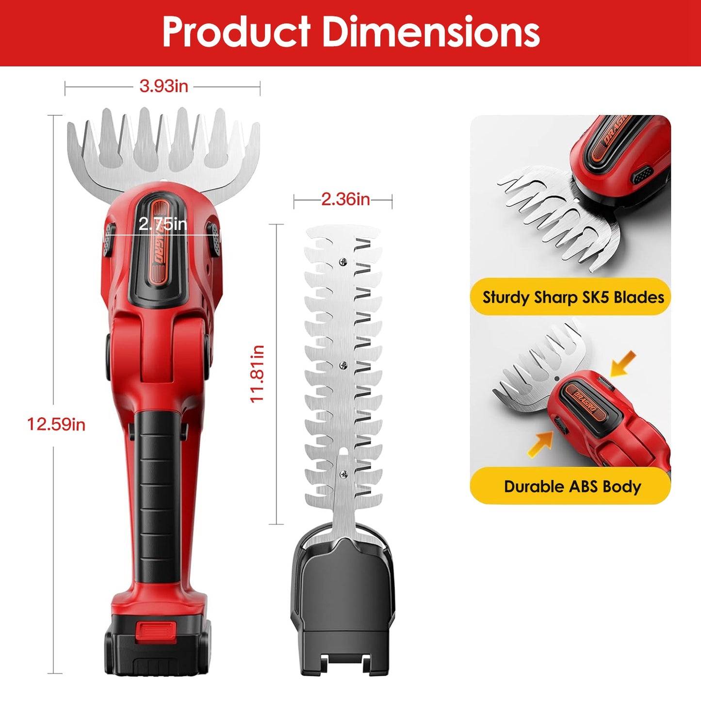 24V Cordless Handheld Grass Shear Hedge Trimmer with 90° Cutting Angle 2Pcs Replaceable Blades Electric Shrub Trimmer Hedge Cutter with Detachable Battery for Garden Lawn