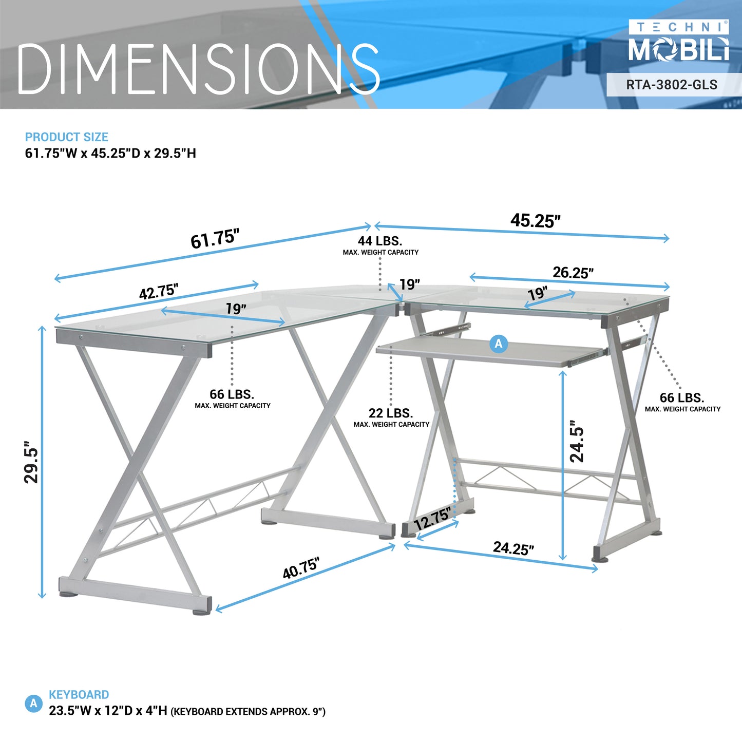 L-Shaped Tempered Glass Top Computer Desk with Pull Out Keyboard Panel, Clear