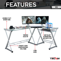 L-Shaped Tempered Glass Top Computer Desk with Pull Out Keyboard Panel, Clear