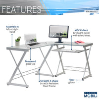 L-Shaped Tempered Glass Top Computer Desk with Pull Out Keyboard Panel, Clear