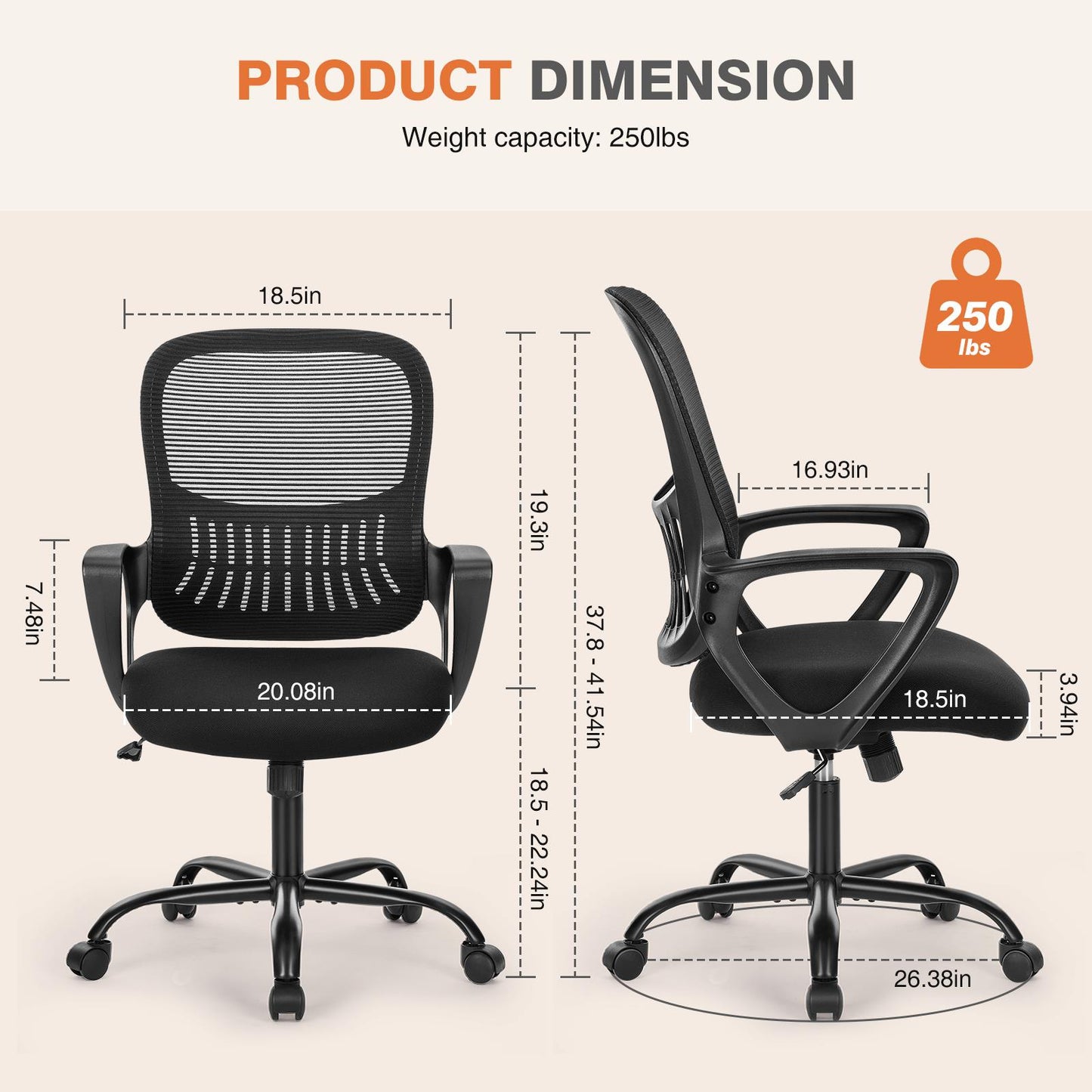 Ergonomic Office Chair Home Desk Mesh Chair with Fixed Armrest Executive Computer Chair with Soft Foam Seat Cushion