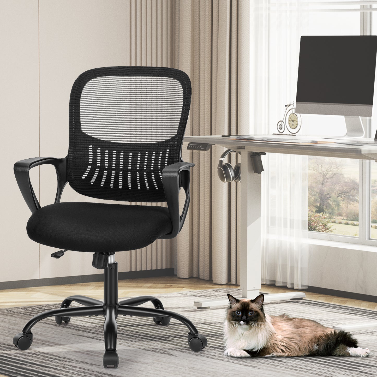 Ergonomic Office Chair Home Desk Mesh Chair with Fixed Armrest Executive Computer Chair with Soft Foam Seat Cushion