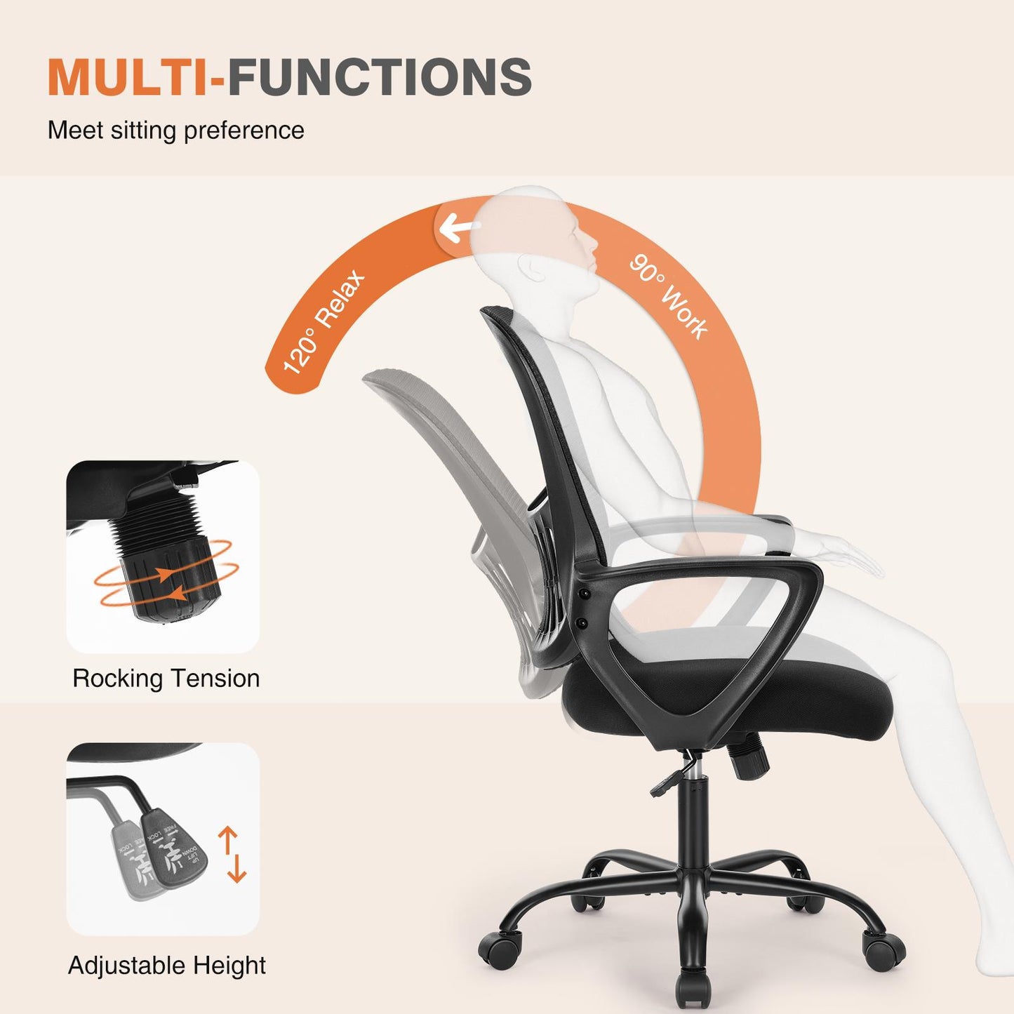 Ergonomic Office Chair Home Desk Mesh Chair with Fixed Armrest Executive Computer Chair with Soft Foam Seat Cushion