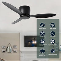 42" Flush Mount Ceiling Fan without  light,  3 Reversible Blades, with 6 Speeds Reversible DC Motor,Low Profile  Ceiling Fan with no light for Living Room Kitchen Bedroom