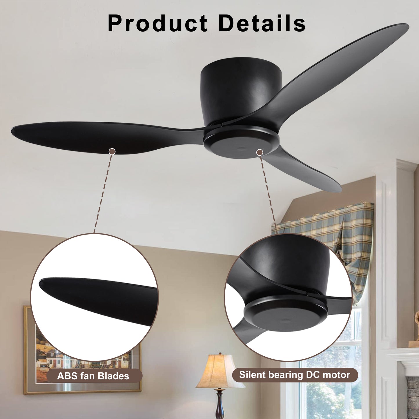 42" Flush Mount Ceiling Fan without  light,  3 Reversible Blades, with 6 Speeds Reversible DC Motor,Low Profile  Ceiling Fan with no light for Living Room Kitchen Bedroom