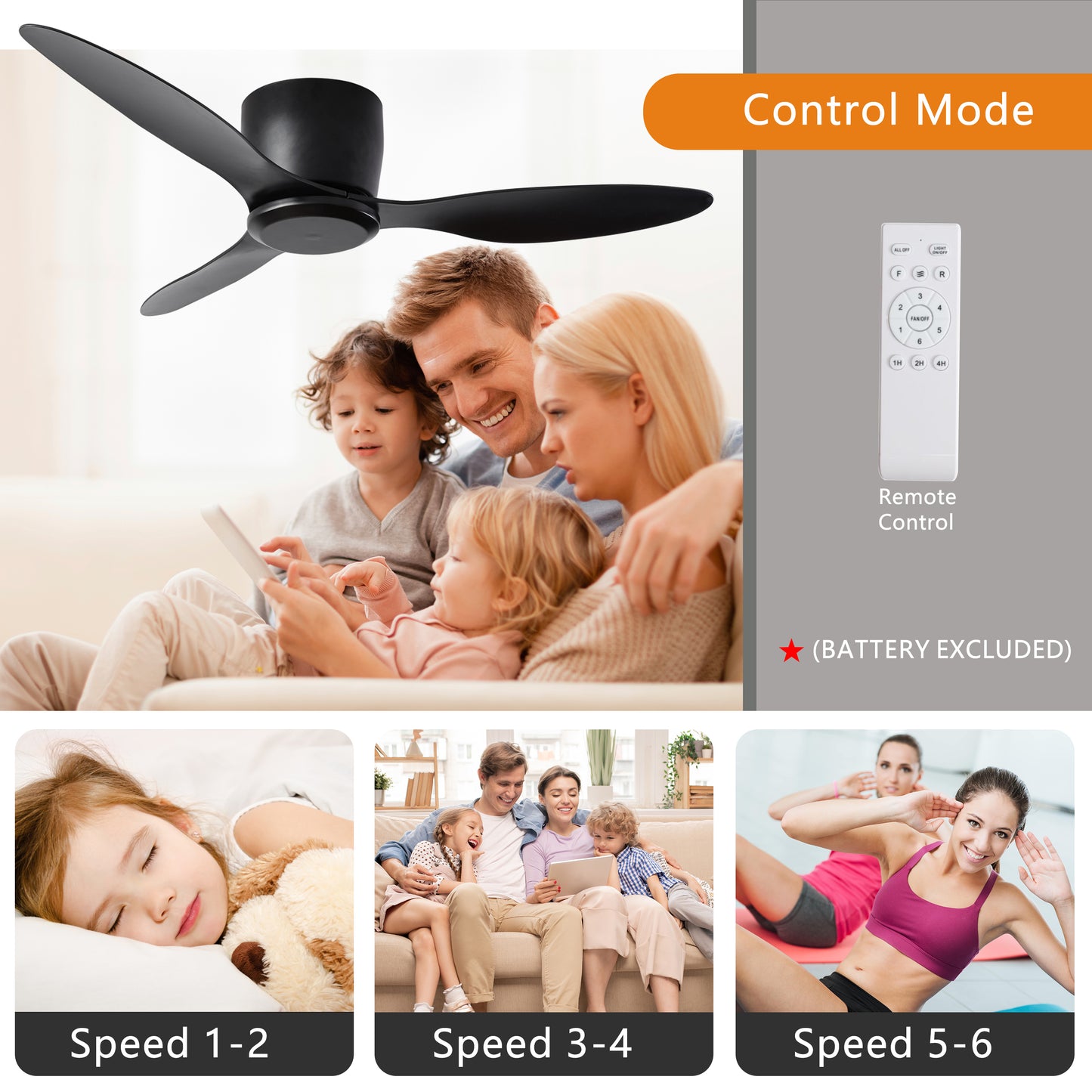 42" Flush Mount Ceiling Fan without  light,  3 Reversible Blades, with 6 Speeds Reversible DC Motor,Low Profile  Ceiling Fan with no light for Living Room Kitchen Bedroom