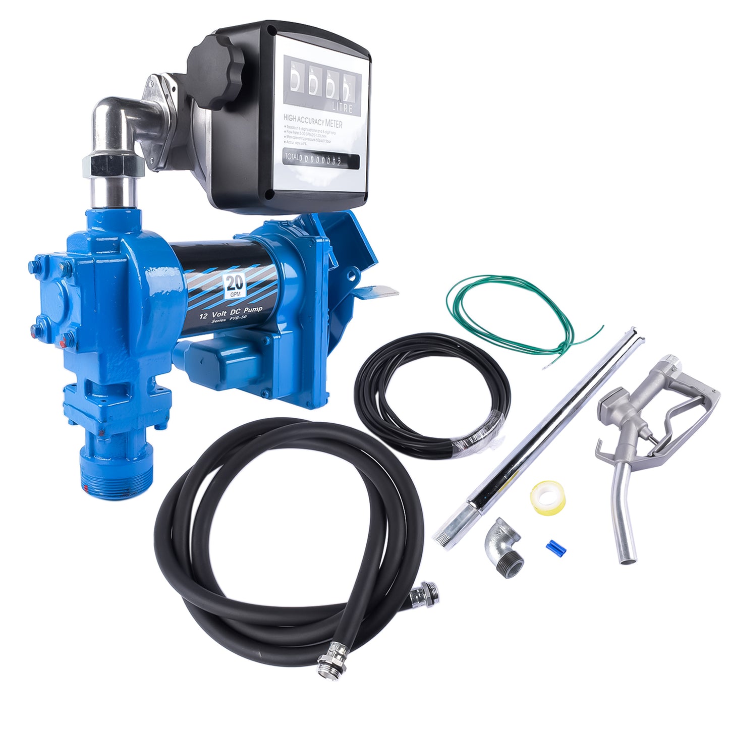 12V 20GPM Portable Fuel Transfer Pump Gasoline + Oil Meter for Gas Diesel Blue