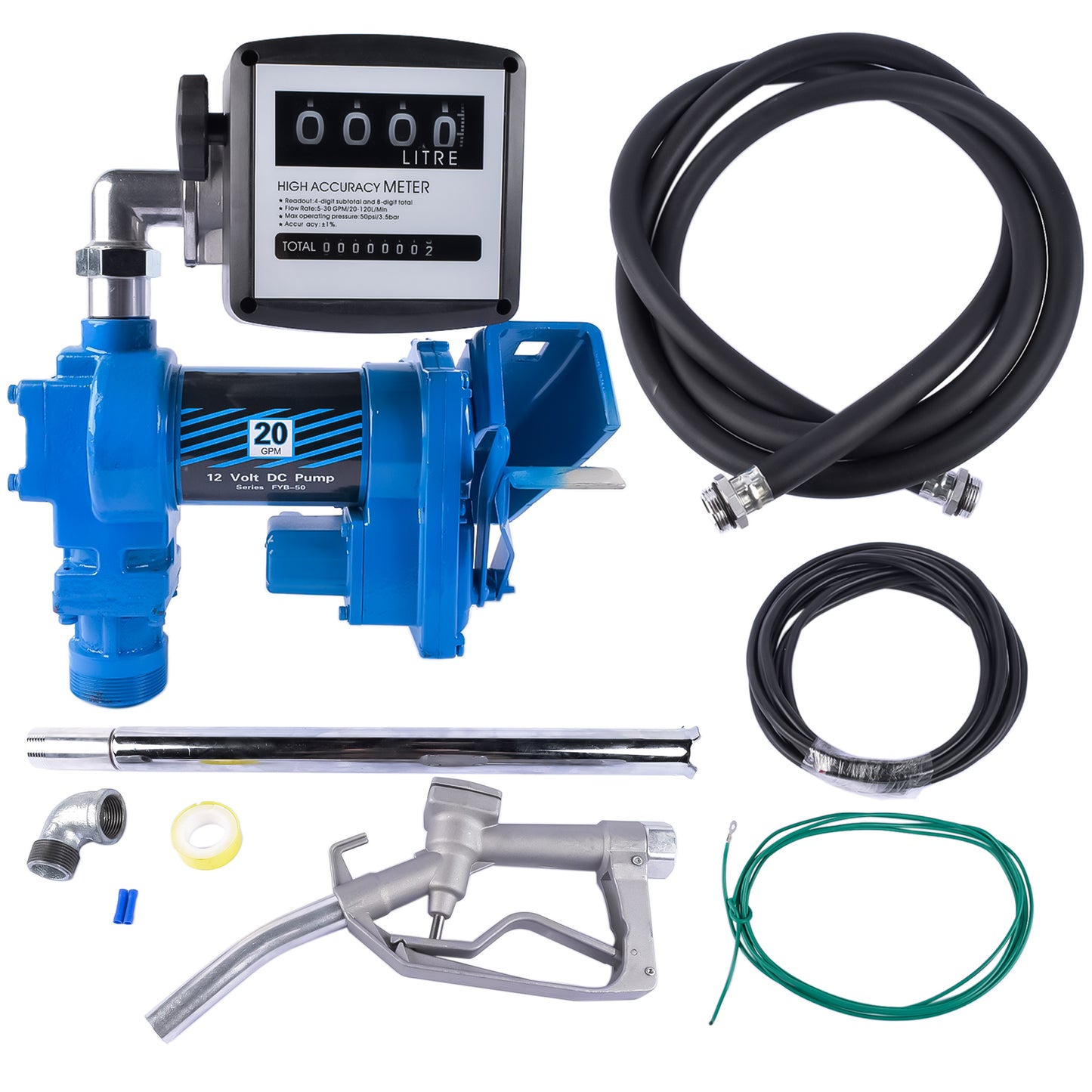 12V 20GPM Portable Fuel Transfer Pump Gasoline + Oil Meter for Gas Diesel Blue