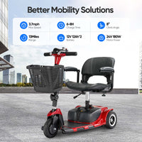 3 Wheel Mobility Scooters for Adults, Foldable Mobility Scooter for Seniors, Powered Electric Scooter with Basket, Heavy Duty Mobile for Travel, Elderly - Long Range Power Extended Battery (Red)