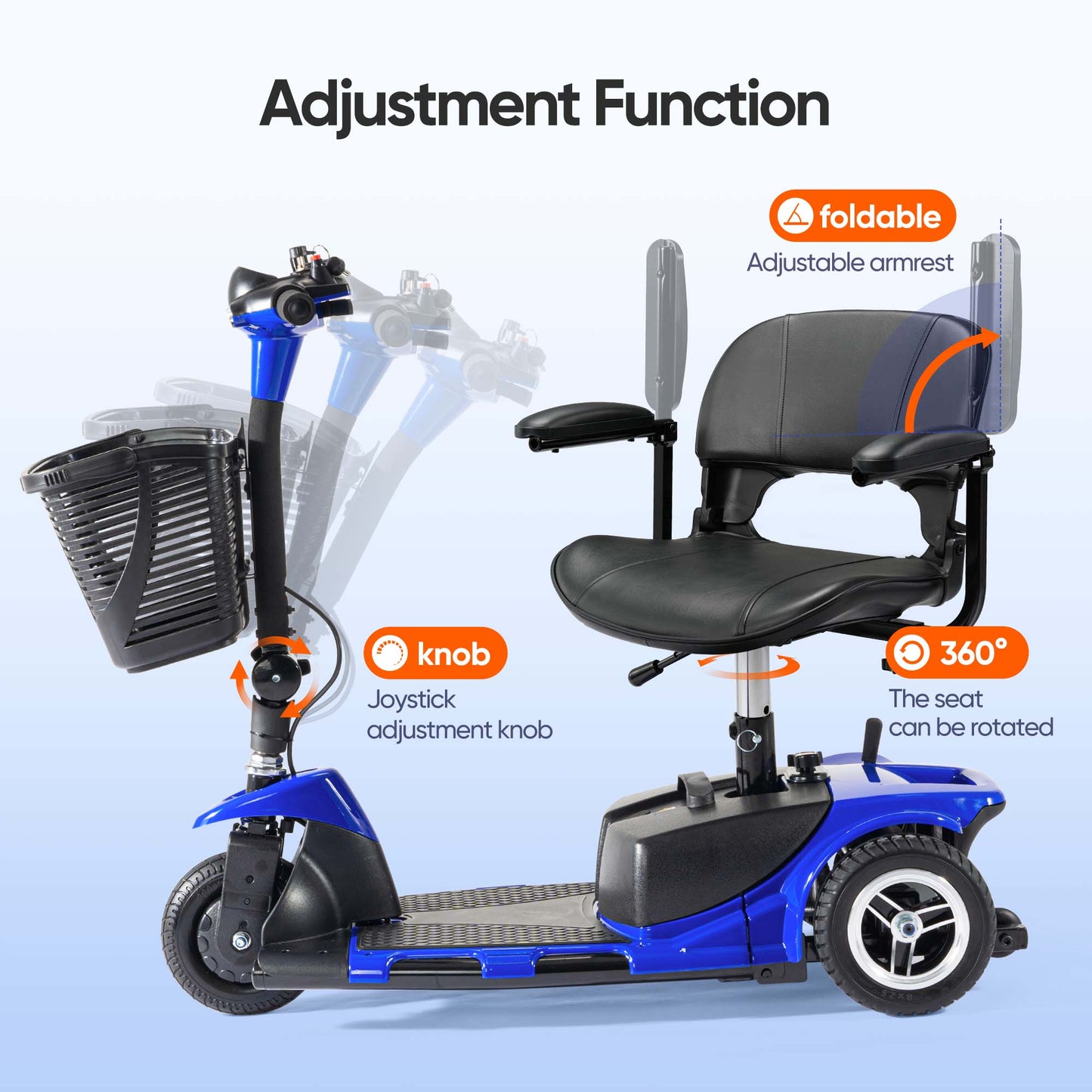 3 Wheel Mobility Scooters for Adults, Foldable Mobility Scooter for Seniors, Powered Electric Scooter with Basket, Heavy Duty Mobile for Travel, Elderly - Long Range Power Extended Battery (Blue)