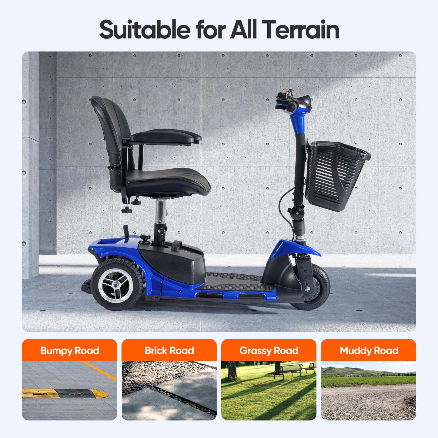 3 Wheel Mobility Scooters for Adults, Foldable Mobility Scooter for Seniors, Powered Electric Scooter with Basket, Heavy Duty Mobile for Travel, Elderly - Long Range Power Extended Battery (Blue)