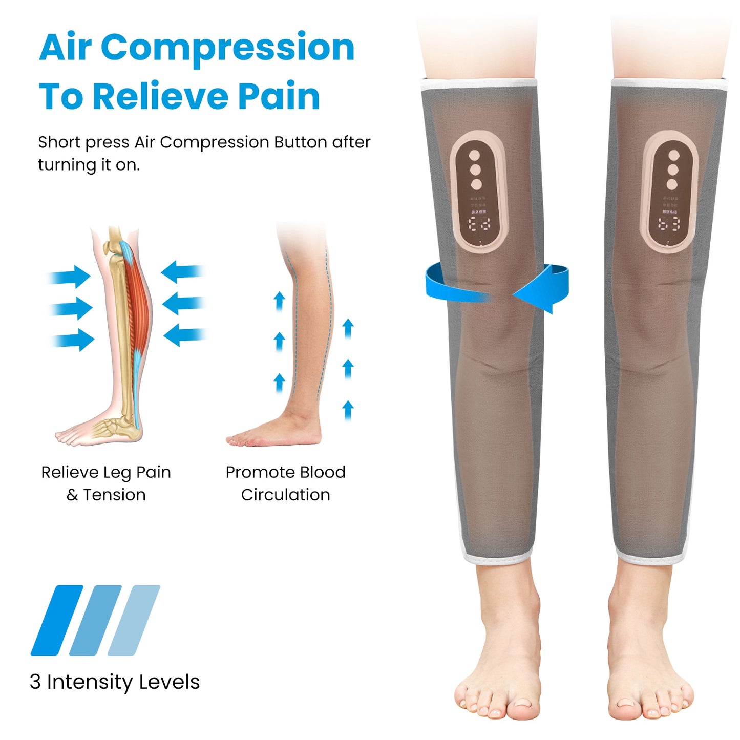 Cordless Leg Massager Air Compression Massager with Heat Thigh Knee Calf Massager with 3 Modes Adjustable Wrap for Pain Relief