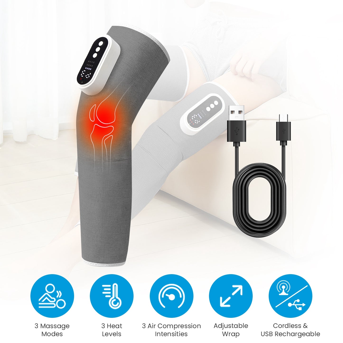 Cordless Leg Massager Air Compression Massager with Heat Thigh Knee Calf Massager with 3 Modes Adjustable Wrap for Pain Relief