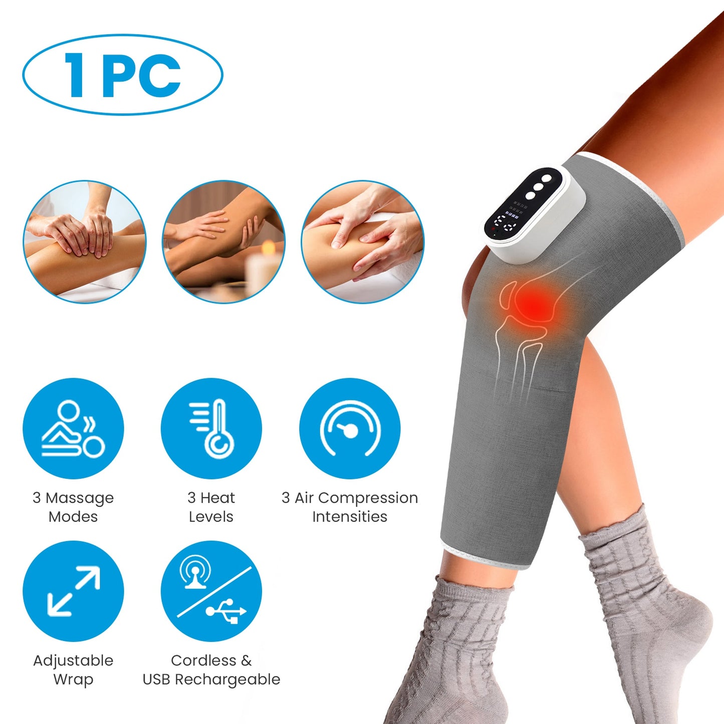 Cordless Leg Massager Air Compression Massager with Heat Thigh Knee Calf Massager with 3 Modes Adjustable Wrap for Pain Relief