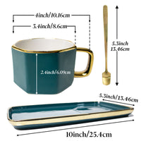 Classic green porcelain tea cup and saucer set with Eith spoon, 6-ounce coffee cup with cappuccino, latte and afternoon tea, ladies' Christmas gift