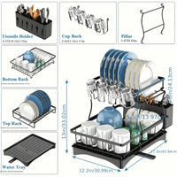 Kitchen counter large utensil drying rack, detachable large capacity utensil drying rack with utensil rack, 2-story utensil drying rack with drain board, black