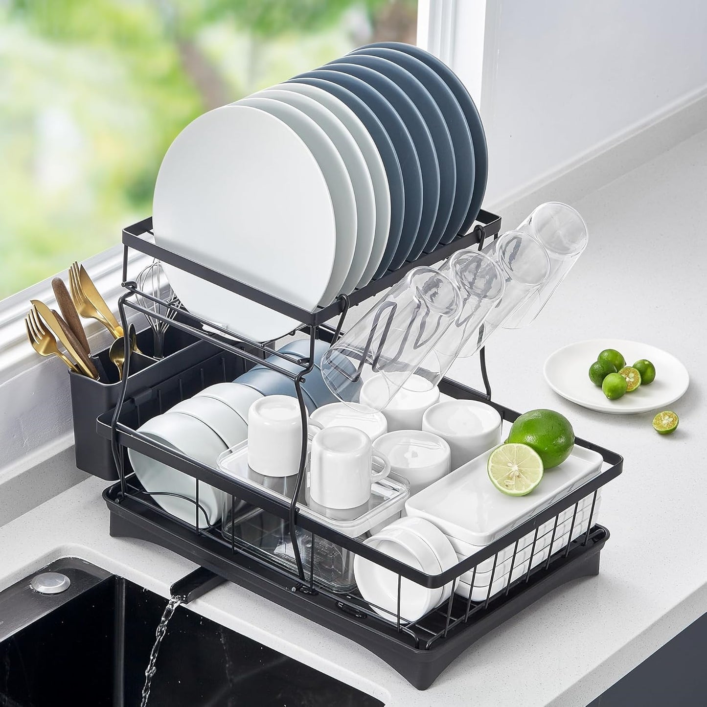 Kitchen counter large utensil drying rack, detachable large capacity utensil drying rack with utensil rack, 2-story utensil drying rack with drain board, black