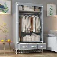 Portable Clothes Closet Rolling Door Wardrobe with Hanging Rack Non-Woven Fabric Storage Organizer with Three Drawer Boxes No-Tool Assembly - 35.4 x 17.7 x 67.0 in (Gray)