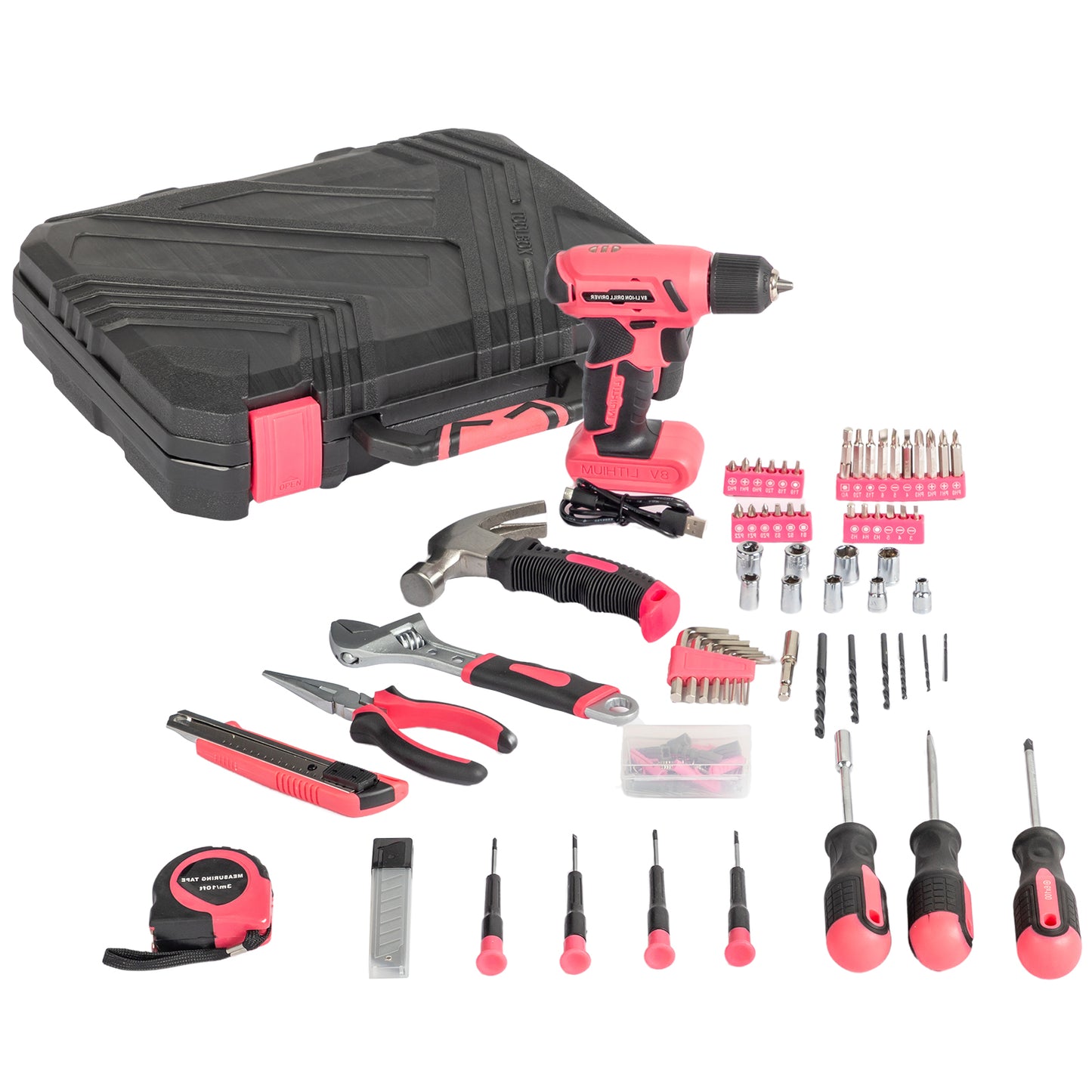 146-Piece Drill Set with 8V Pink Cordless Drill, Home Tool Kit with Drill, House Repairing Hand Tool Kits with Portable Case, for DIY Home Maintenance