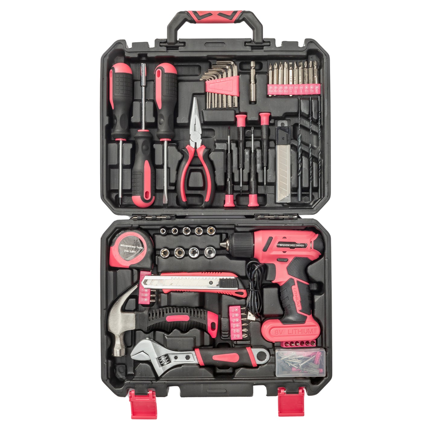 146-Piece Drill Set with 8V Pink Cordless Drill, Home Tool Kit with Drill, House Repairing Hand Tool Kits with Portable Case, for DIY Home Maintenance