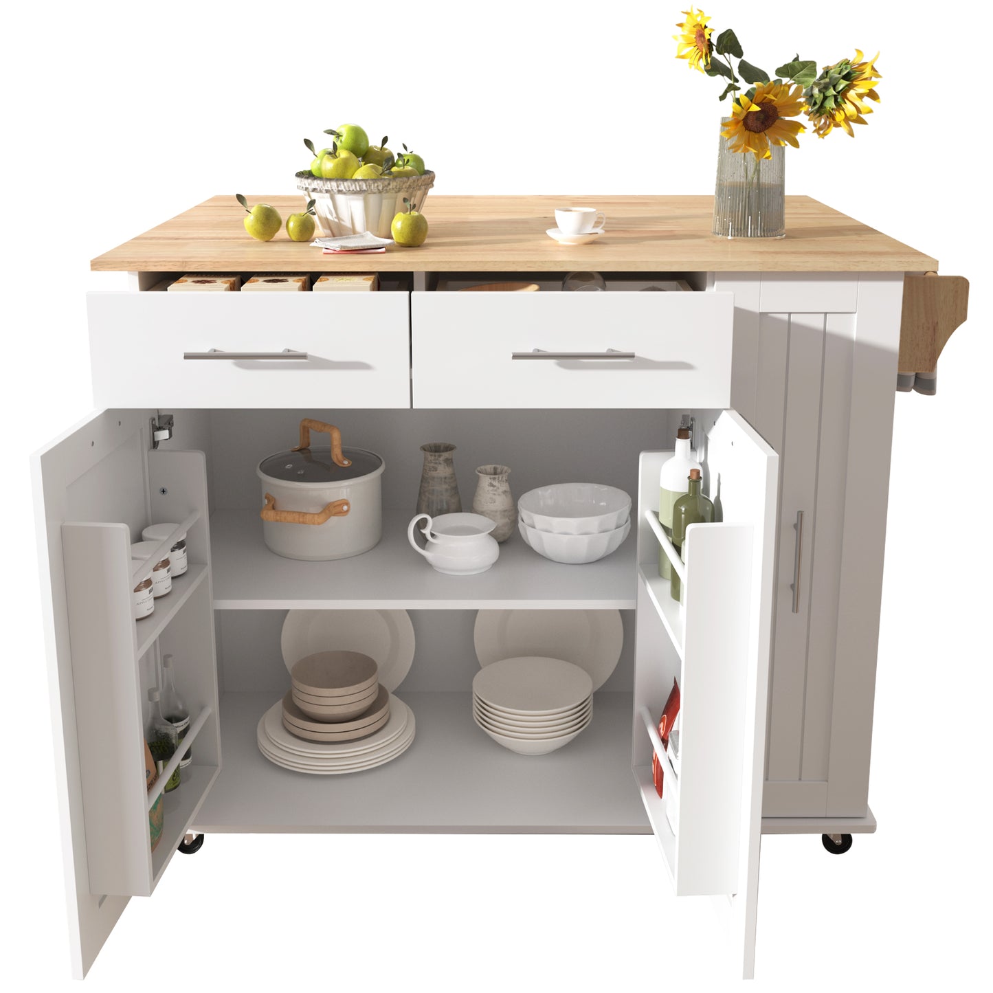 Kitchen Island with Drop Leaf, Kitchen Storage Cart with 3 Tier Pull Out Cabinet Organizer, Internal Storage Rack, Rolling Kitchen Cart on Wheels with Towel Rack, 2 Drawers, for Kitchen, White