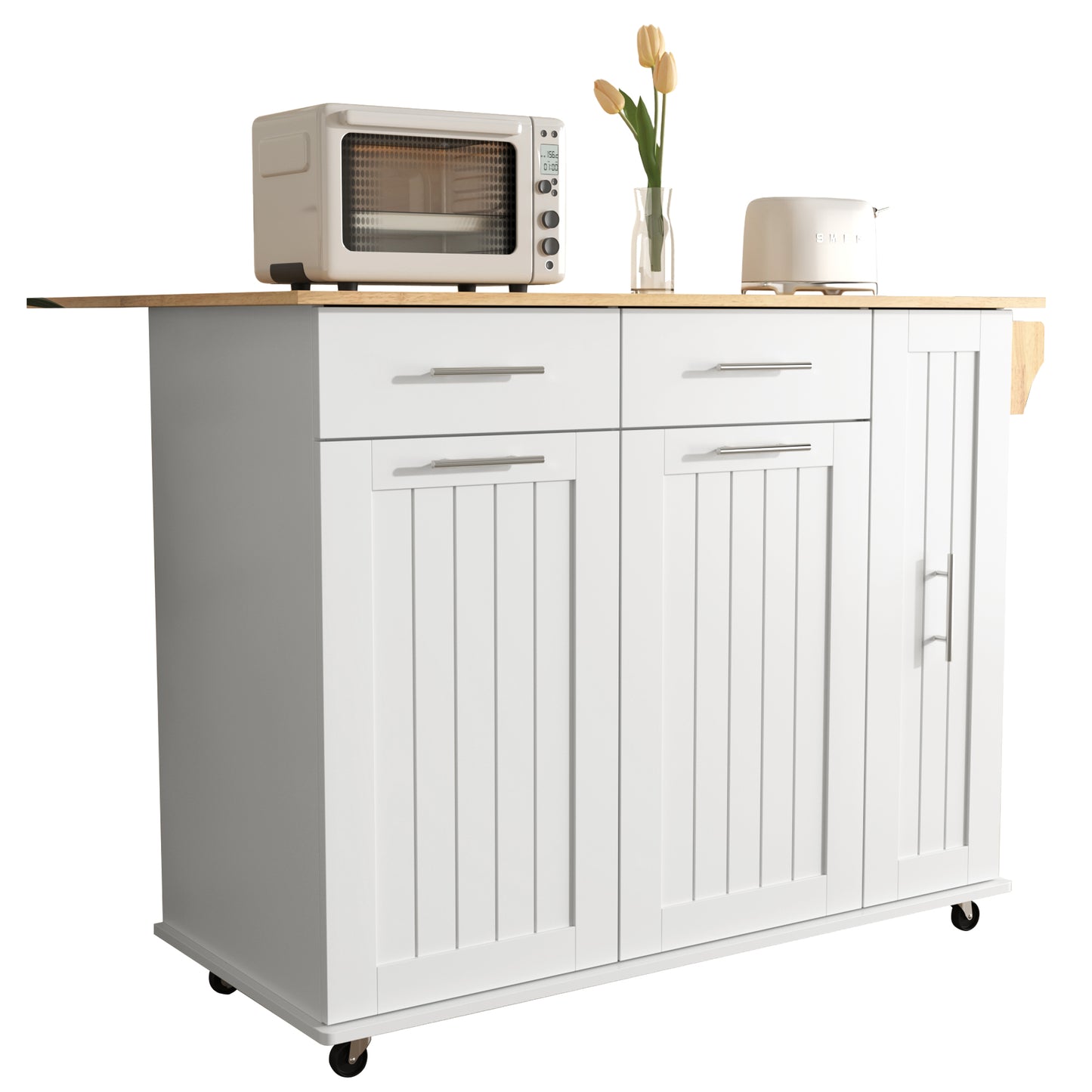 Kitchen Island with Drop Leaf, Kitchen Storage Cart with 3 Tier Pull Out Cabinet Organizer, Internal Storage Rack, Rolling Kitchen Cart on Wheels with Towel Rack, 2 Drawers, for Kitchen, White