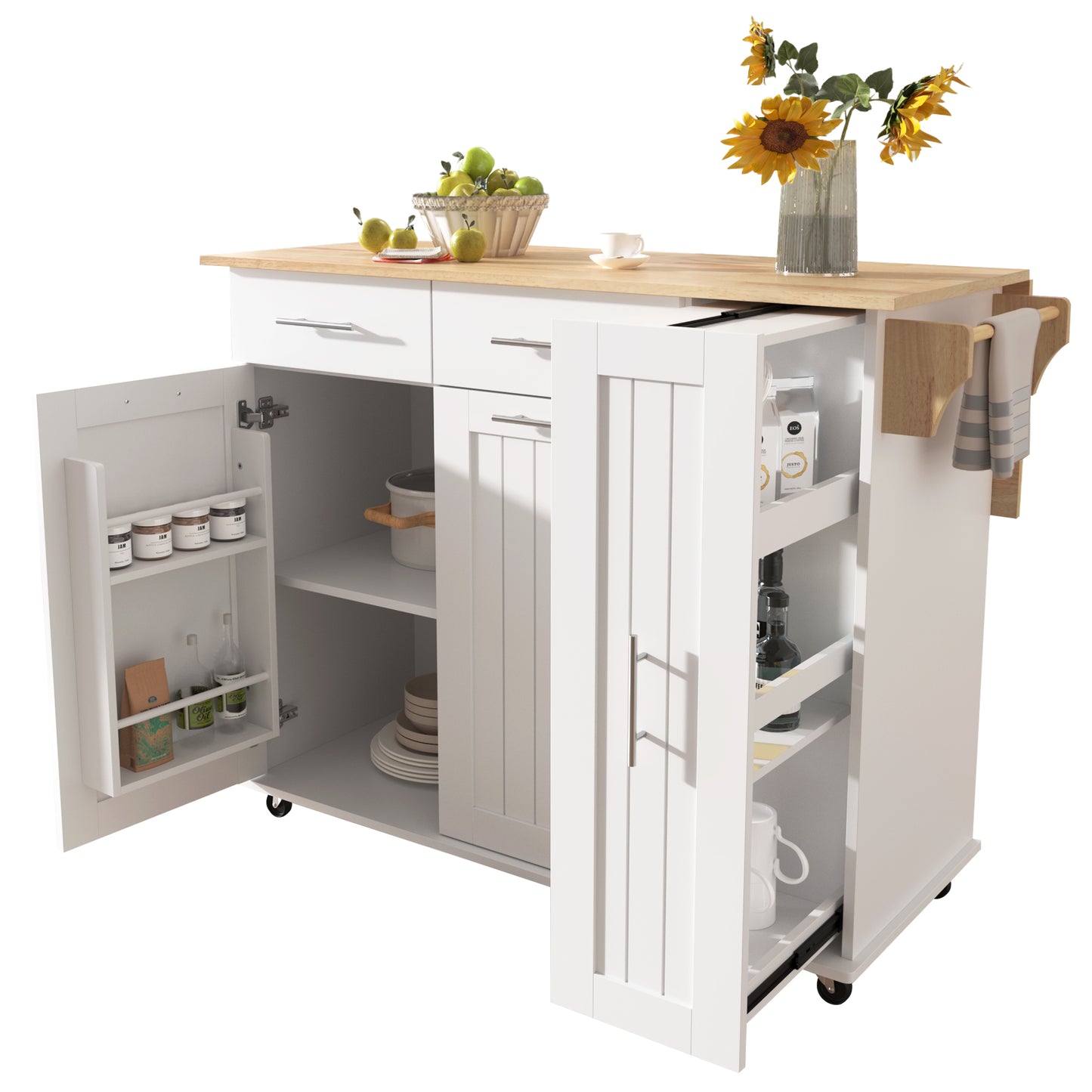 Kitchen Island with Drop Leaf, Kitchen Storage Cart with 3 Tier Pull Out Cabinet Organizer, Internal Storage Rack, Rolling Kitchen Cart on Wheels with Towel Rack, 2 Drawers, for Kitchen, White