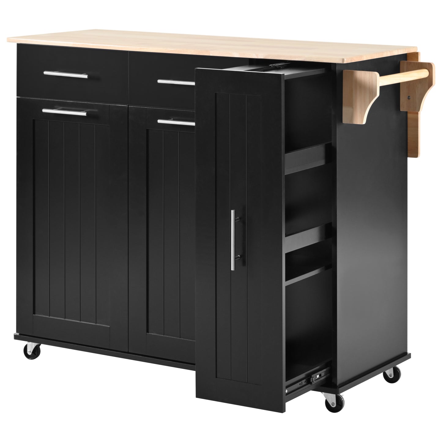 Kitchen Island with Drop Leaf, Kitchen Storage Cart with 3 Tier Pull Out Cabinet Organizer, Internal Storage Rack, Rolling Kitchen Cart on Wheels with Towel Rack, 2 Drawers, for Kitchen, Black