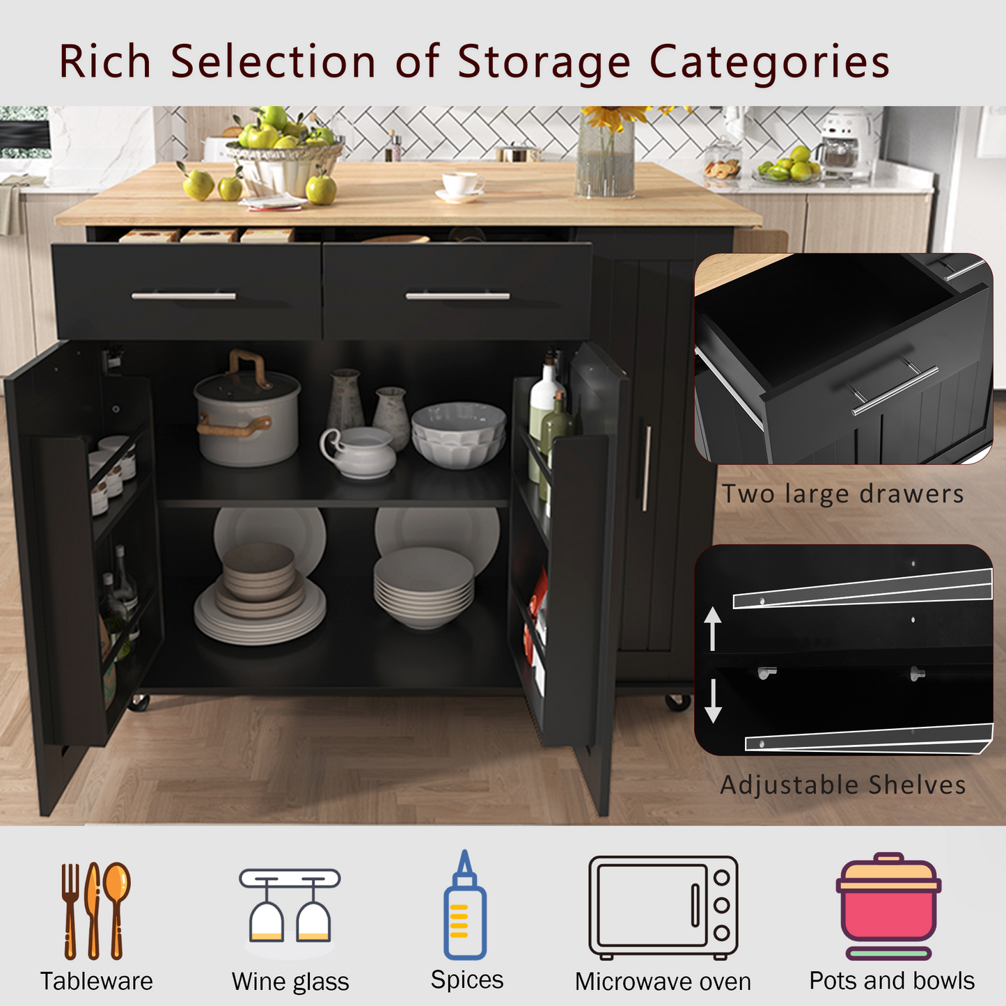 Kitchen Island with Drop Leaf, Kitchen Storage Cart with 3 Tier Pull Out Cabinet Organizer, Internal Storage Rack, Rolling Kitchen Cart on Wheels with Towel Rack, 2 Drawers, for Kitchen, Black