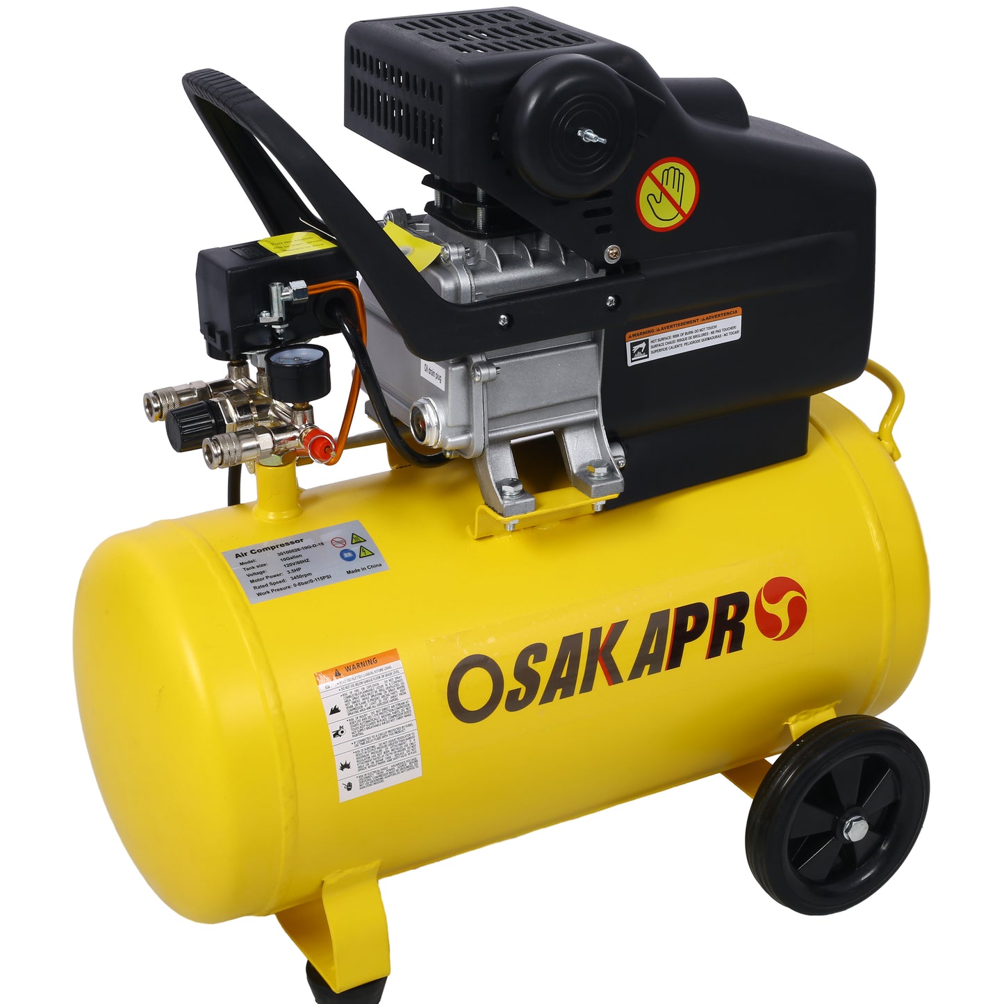 3.5HP Portable 10 Gallons Oil-Lubricated Air Compressor Tank Ultra Quiet Horizontal Tank Adjustable Pressure with Built-in Wheel