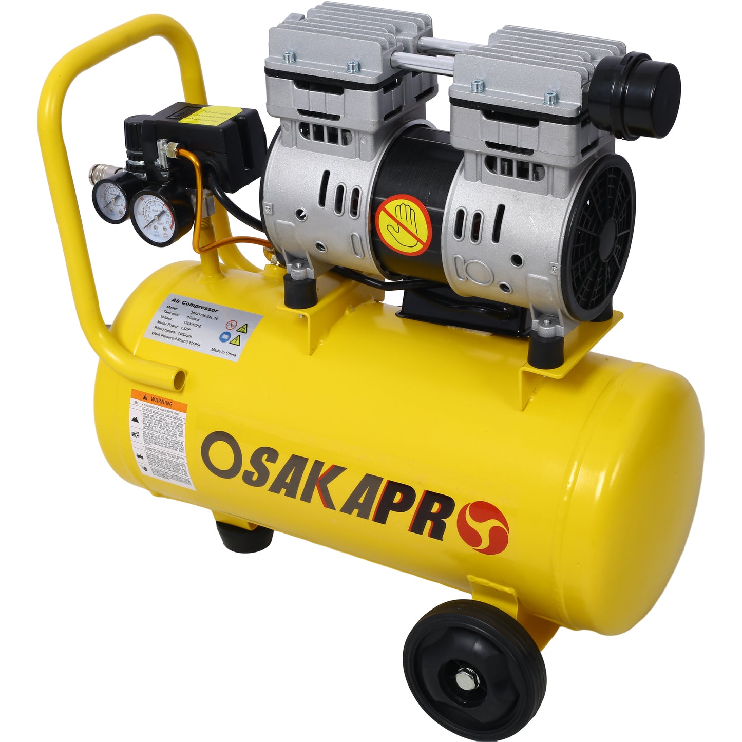 1.5HP Silent Oil-Free Air Compressor 8 Gallon, Oil-Free, Electric Shop Air Compressor Portable,Lightweight with Wheels, 70 dBA Noise Level, with Automatic Drain Valve,Yellow