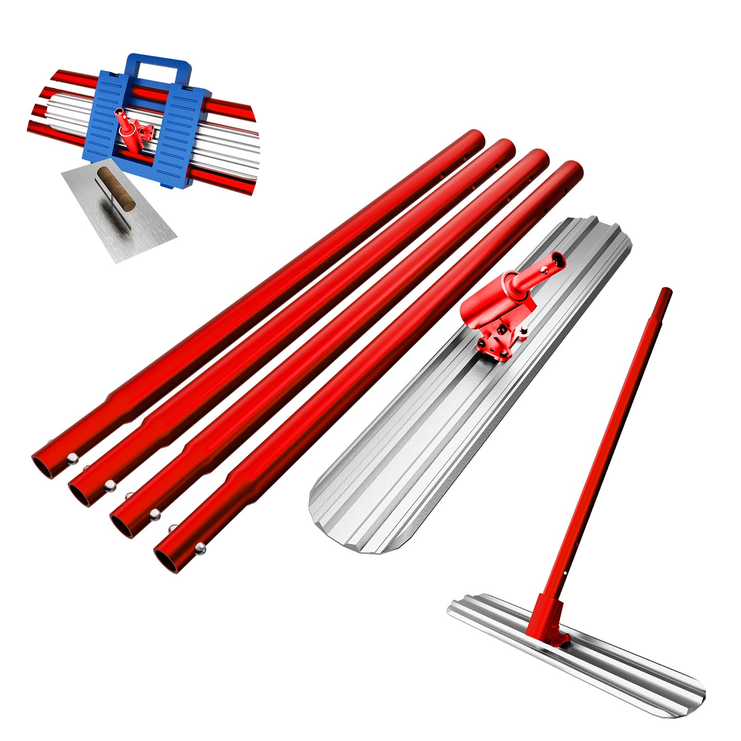 Bull Float Concrete Tools, 48’’×8’’ Magnesium Aluminum Alloy Concrete Float with 4 Combinable Handles, Concrete Bull Float with Carrying Toolbox,Trowel, Concrete Bull Float Kit for Finishing(Red)