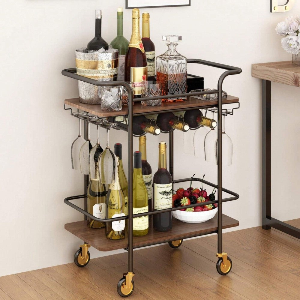 2 Tier Bar Cart With Wheels, Serving Cart With Wheels And 2 Handle, Outdoor Bar Cart For The Home With Wine Rack And Glass Holder, Kitchen Serving Cart For Home, Dining Room, Party, Black