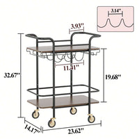 2 Tier Bar Cart With Wheels, Serving Cart With Wheels And 2 Handle, Outdoor Bar Cart For The Home With Wine Rack And Glass Holder, Kitchen Serving Cart For Home, Dining Room, Party, Black