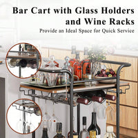 2 Tier Bar Cart With Wheels, Serving Cart With Wheels And 2 Handle, Outdoor Bar Cart For The Home With Wine Rack And Glass Holder, Kitchen Serving Cart For Home, Dining Room, Party, Black