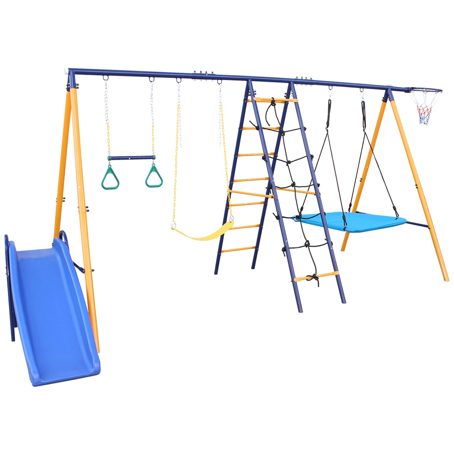 500 lbs 7 in 1 Swing Set for Kids Backyard Outdoor A-Frame Heavy-Duty Metal Swing Sets with Slide, 2 Swing Seats, 1 Climbing Net & Ladder, 1 Gym Ring, 1 Basket