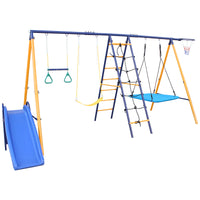 500 lbs 7 in 1 Swing Set for Kids Backyard Outdoor A-Frame Heavy-Duty Metal Swing Sets with Slide, 2 Swing Seats, 1 Climbing Net & Ladder, 1 Gym Ring, 1 Basket