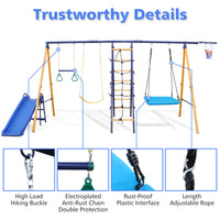 500 lbs 7 in 1 Swing Set for Kids Backyard Outdoor A-Frame Heavy-Duty Metal Swing Sets with Slide, 2 Swing Seats, 1 Climbing Net & Ladder, 1 Gym Ring, 1 Basket