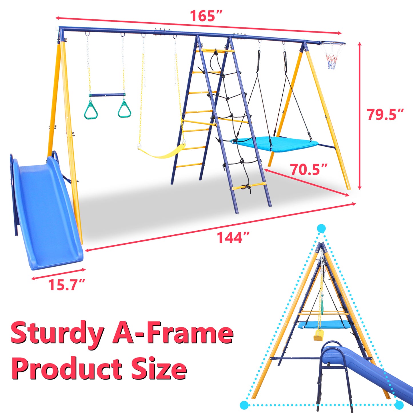 500 lbs 7 in 1 Swing Set for Kids Backyard Outdoor A-Frame Heavy-Duty Metal Swing Sets with Slide, 2 Swing Seats, 1 Climbing Net & Ladder, 1 Gym Ring, 1 Basket