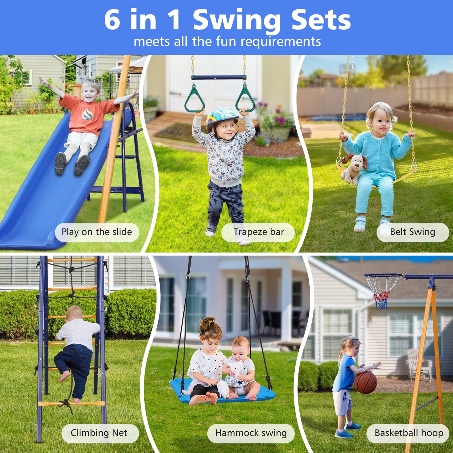 500 lbs 7 in 1 Swing Set for Kids Backyard Outdoor A-Frame Heavy-Duty Metal Swing Sets with Slide, 2 Swing Seats, 1 Climbing Net & Ladder, 1 Gym Ring, 1 Basket